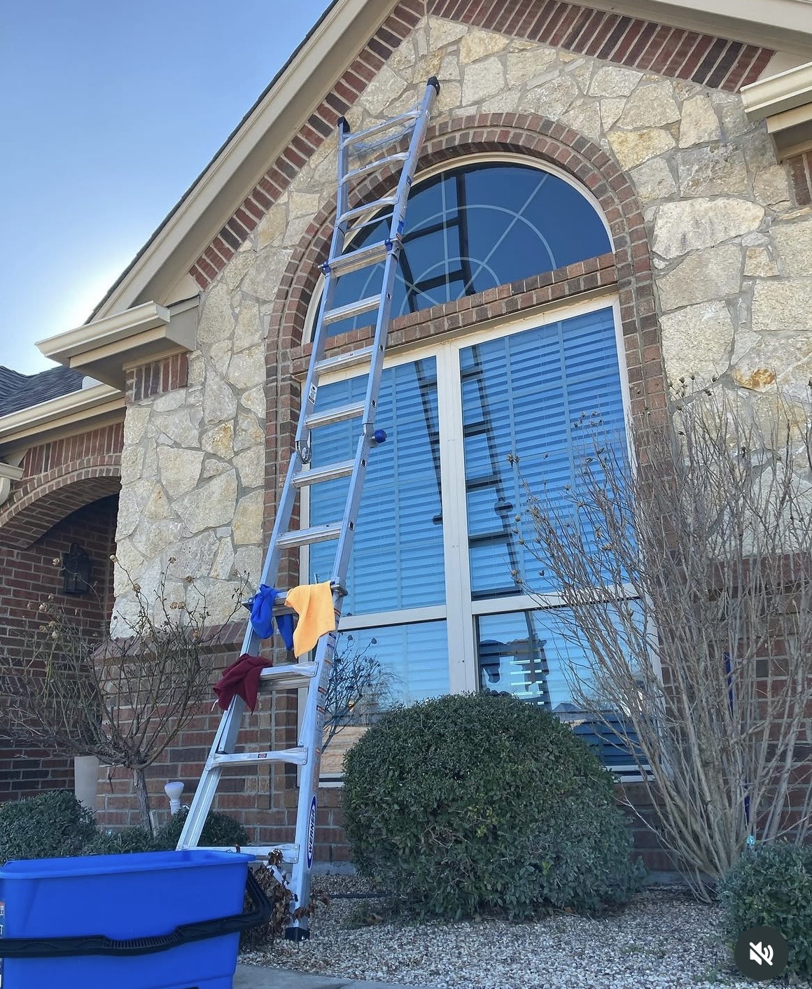 Ladder and window cleaning supplies at a stone home with an arched window